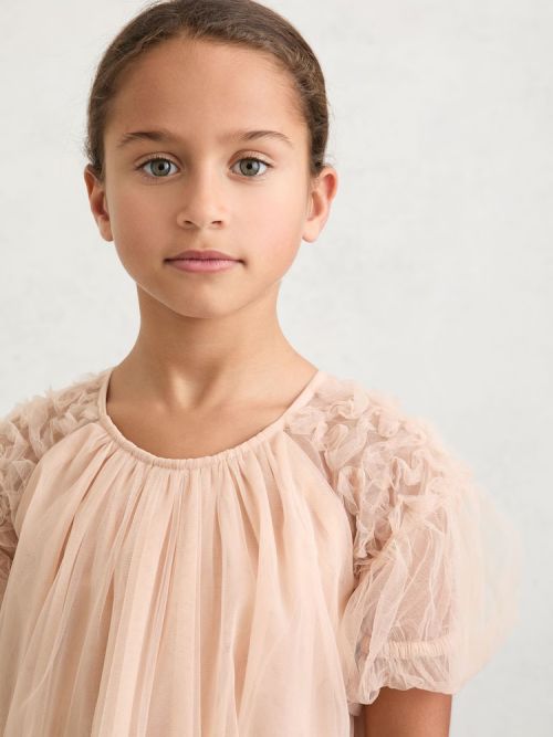 9-13 yrs Tulle Ruffle-Detail Dress in Neutral
