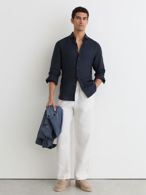 Linen Regular-Fit Long-Sleeve Shirt in Navy
