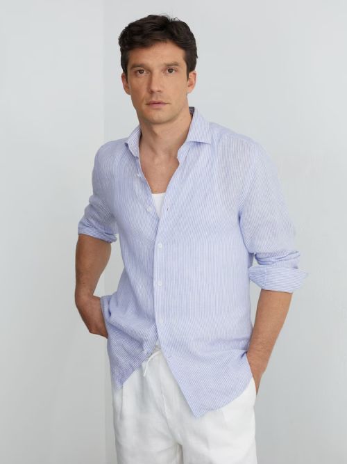 Linen Striped Cutaway-Collar Shirt Regular-Fit in Soft Blue/White Fine Stripe

