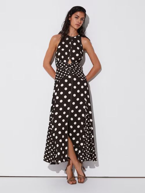 Polka-Dot Cut-Out Midi Dress in Chocolate Brown/Ivory
