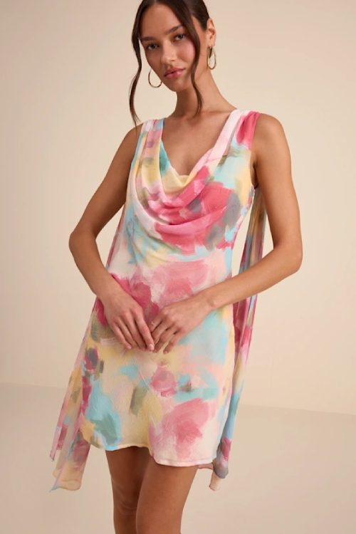 Siya Pink Multi Abstract Print Cowl Sash Mini Dress