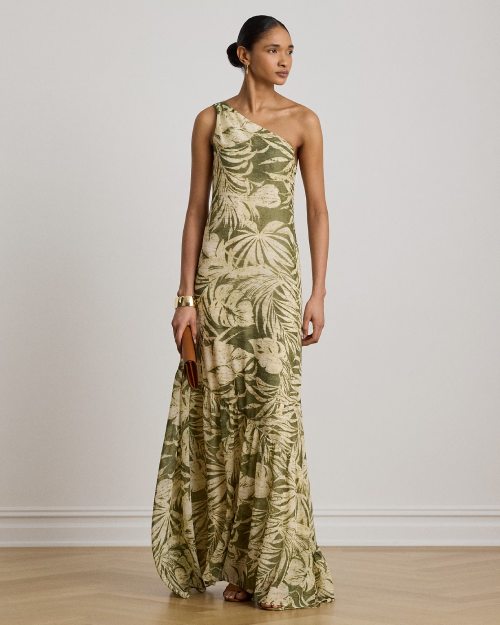 Print Georgette One-Shoulder Gown
